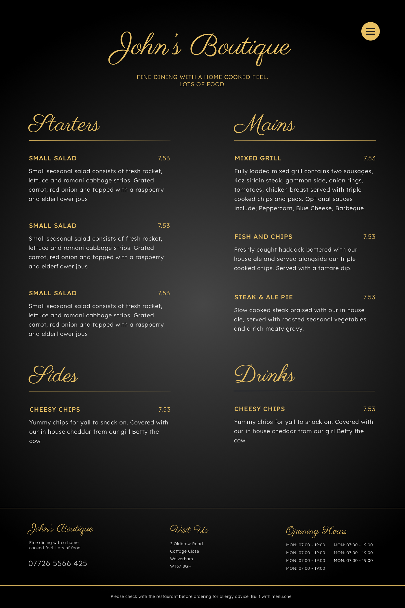 An example of a customised menu.