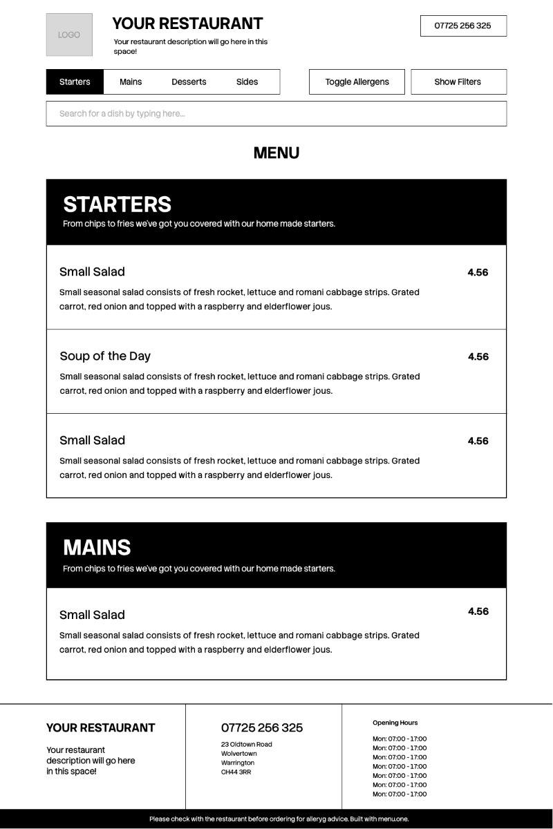 An example of a customised menu.