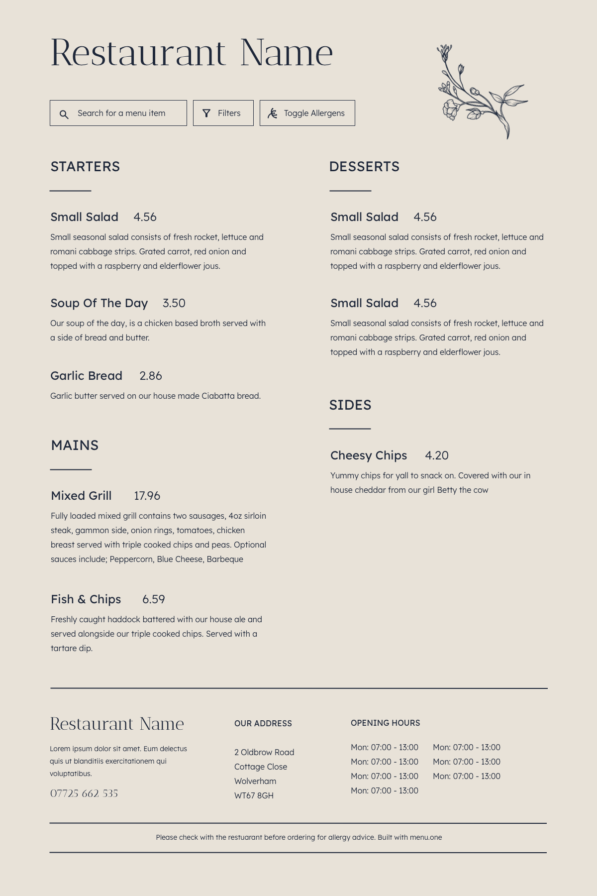 An example of a customised menu.